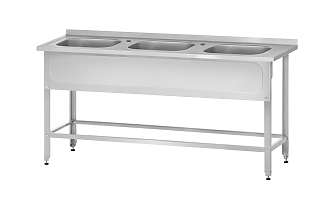 Ванна моечная цельнотянутая ВМЦн - 1800x600x860 Norma Inox, 3 м/о 500x400x250, борт, 2 отв. д/смесит., экран (ножка угловая)