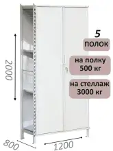 Стеллаж-шкаф СТ-600 с сплошными дверьми и сетчатой стенкой 2000х1300х800, 5 полок