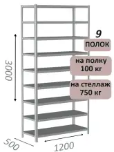 Стеллаж металлический полочный МС-750 3000х1200х500, 9 полок, светло-серый