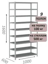 Стеллаж MS Standart 160х100х60, 9 полок, серый